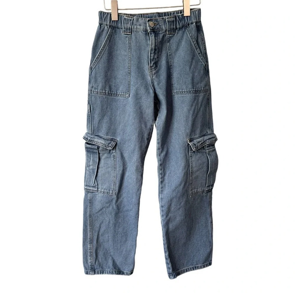 Forever 21 Mid Rise Cargo Blue Jeans. Straight Leg. Elastic Waist. Women’s Small - Picture 1 of 11